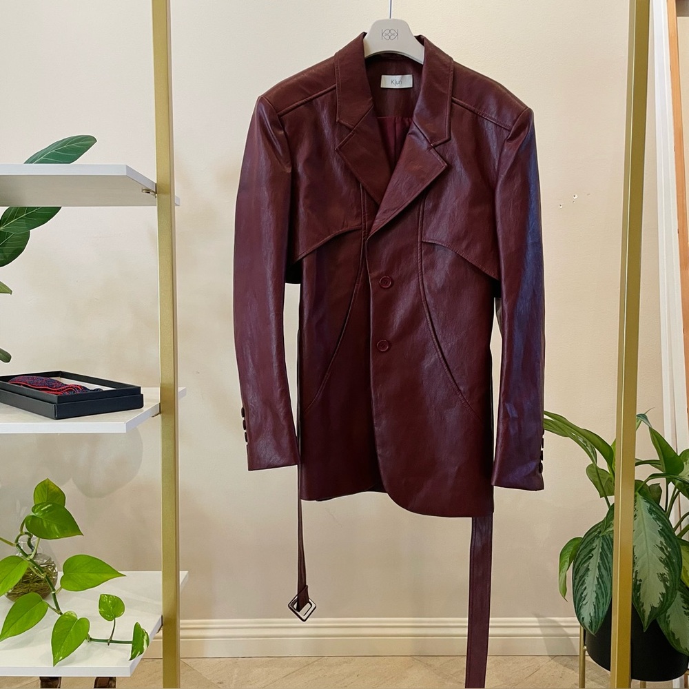 Kijun Burgundy Faux Leather Belted Blazer Jacket